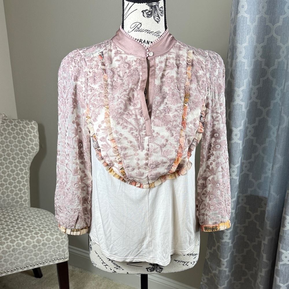 Women's Pink Floral-Ruffle Blouse